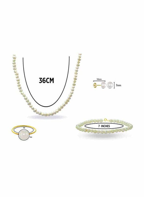 Vera Perla 4-Pieces 10K Gold Jewellery Set for Women, with Necklace, Bracelet, Ring 7 US and Earrings, with Pearl Stones, White