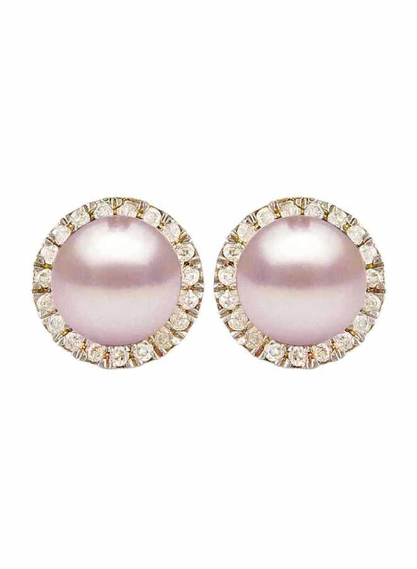 Vera Perla 18K Solid Gold Stud Earrings for Women, with 0.20 Carat Diamonds and 6-7 mm Pearl Stone, Purple/Gold