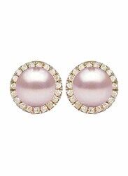 Vera Perla 18K Solid Gold Stud Earrings for Women, with 0.20 Carat Diamonds and 6-7 mm Pearl Stone, Purple/Gold