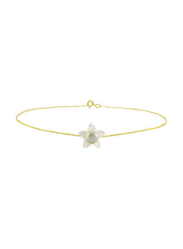 Vera Perla 18 Karat Solid Yellow Gold Chain Bracelet for Women, with 10mm Mother of Pearl Flower Shape and 4mm Pearl, Gold/White