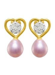 Vera Perla 18K Gold Solitaire Heart Earrings for Women, with 0.14 ct Genuine Diamond & Pearl Stone, Purple