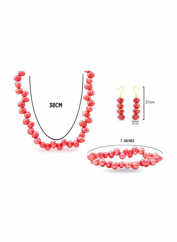 Vera Perla 3-Pieces 18K Gold Strand Jewellery Set for Women, with Necklace, Bracelet and Earrings, with Pearl Stones, Red