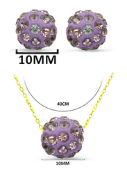 Vera Perla 2-Pieces 18K Solid Yellow Gold Simple Pendant Necklace and Earrings Set for Women, with 10mm Crystal Ball, Purple/Gold