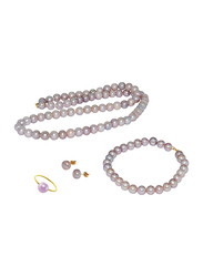 Vera Perla 4-Pieces 18K Gold Strand Jewellery Set for Women, with Pearls Stone, Necklace, Bracelet, Earrings and Ring, Purple
