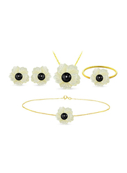 Vera Perla 4-Pieces 18K Solid Yellow Gold Pendant Necklace, Bracelet, Ring and Earrings Set for Women, with 19mm Flower Shape Mother of Pearl and 6-7mm Pearl, White/Gold/Black