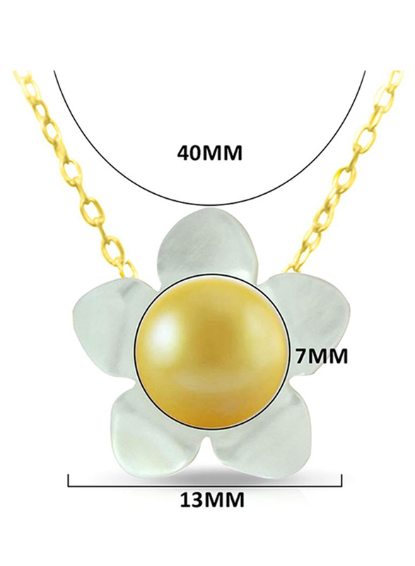 Vera Perla 18k Solid Yellow Gold Chain Necklace for Women, with 13mm Mother of Pearl Flower Shape and 7mm Pearl Pendant, White/Yellow