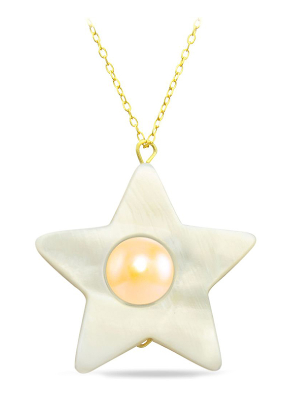 Vera Perla 18K Solid Yellow Gold Simple Pendant Necklace for Women with 6-7mm Mother of Pearl Star Shape, White/Gold
