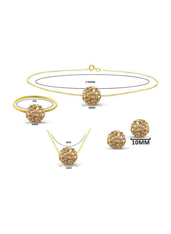 Vera Perla 4-Pieces 18K Solid Yellow Gold Simple Pendant Necklace for Women, with Earrings, Bracelet and Ring, with 10 mm Crystal Ball, Peach/Gold