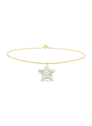 Vera Perla 18K Solid Yellow Gold Chain Bracelet for Women, with Star Shape Mother of Pearl and 6-7mm Freshwater Pearl Stone, Gold/White