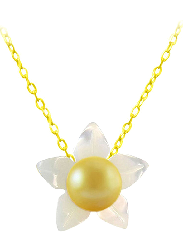 Vera Perla 18k Solid Yellow Gold Chain Necklace for Women, with Mother of Pearl Flower Shape and 4mm Pearl Pendant, White/Yellow