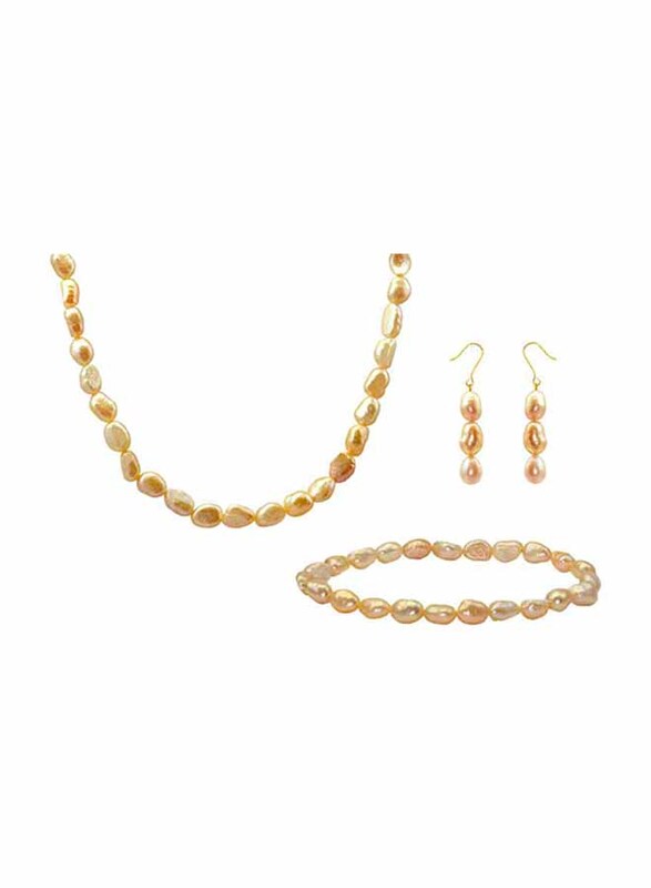 Vera Perla 3-Pieces 18K Gold Jewellery Set for Women, with Necklace, Bracelet and Earrings, with Pearl Stones, Yellow