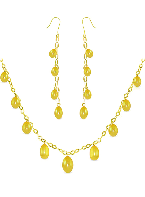 Vera Perla 2-Pieces 18K Gold Chain Drop Jewellery Set for Women with Necklace and Earrings, with Pearl Stone, Gold/Yellow