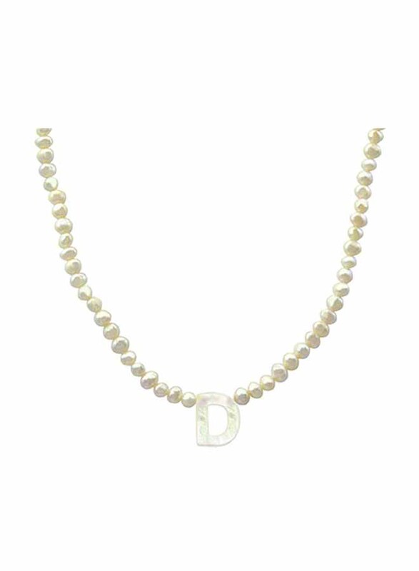 Vera Perla 18K Gold Strand Pendant Necklace for Women, with Letter D and Mother of Pearl Stones, White