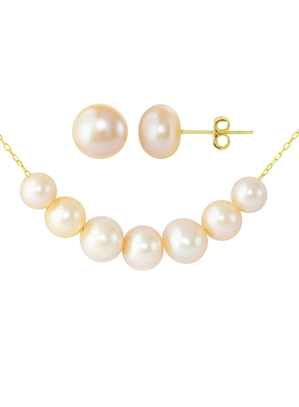 Vera Perla 10K Gold Necklace Set for Women, with Pearl Stone and Earrings, Gold/Pink