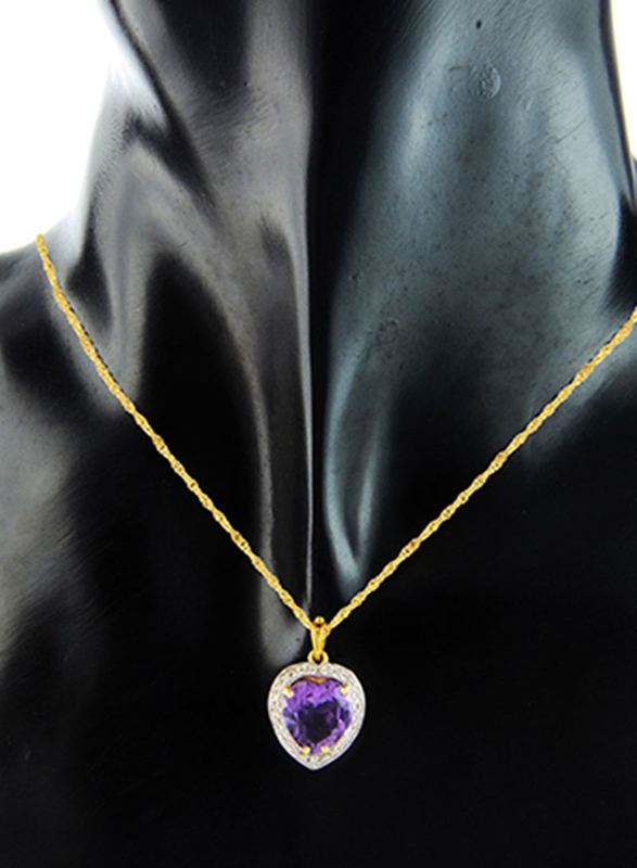 Vera Perla 18K Gold Necklaces for Women, with 0.14ct Genuine Diamonds and Heart Cut Amethyst Stone Pendant, Gold/Purple