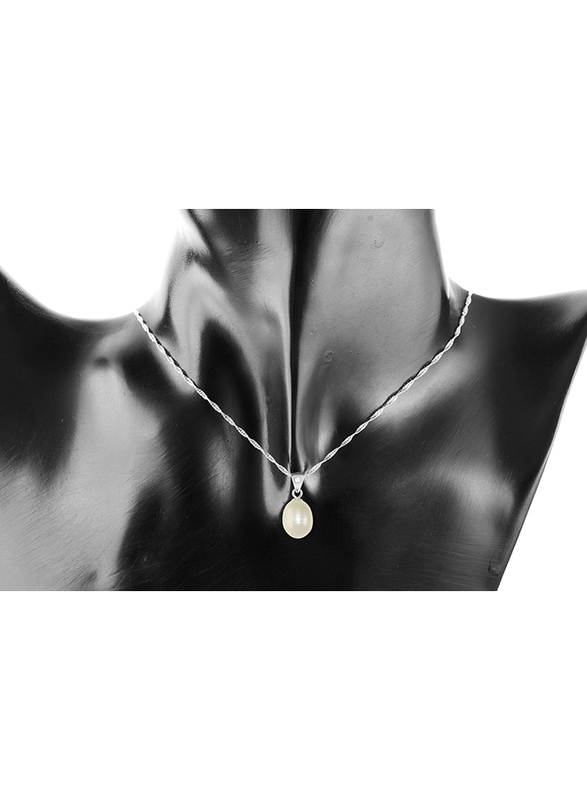 Vera Perla 925 Sterling Silver Pendant Necklace for Women, with 0.01ct Diamond & Pearl Stone, Silver/White