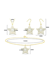 Vera Perla 3-Pieces 18K Solid Yellow Gold Jewellery Set for Women, with Necklace, Earrings and Bracelet, with 6-7mm Star Shape Mother of Pearl Stone, Gold/White