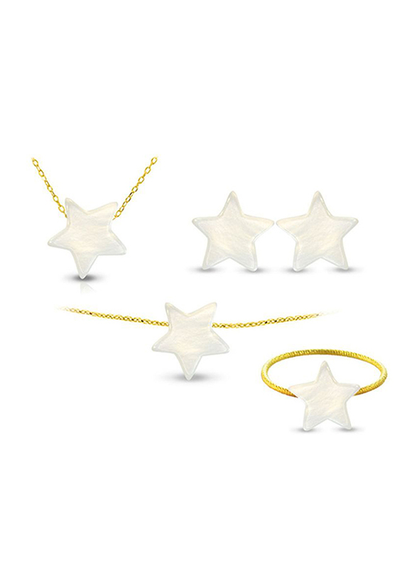 Vera Perla 4-Pieces 10K Gold Jewellery Set for Women, with Necklace, Earrings, Bracelet and Ring, with Star Shape Mother of Pearl Stone, White/Gold