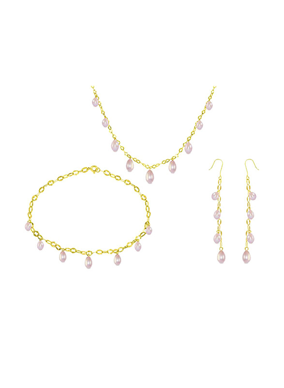 Vera Perla 3-Pieces 18K Gold Chain Drop Jewellery Set for Women, with Necklace, Bracelet and Earrings, with Pearl Stone Purple/Gold