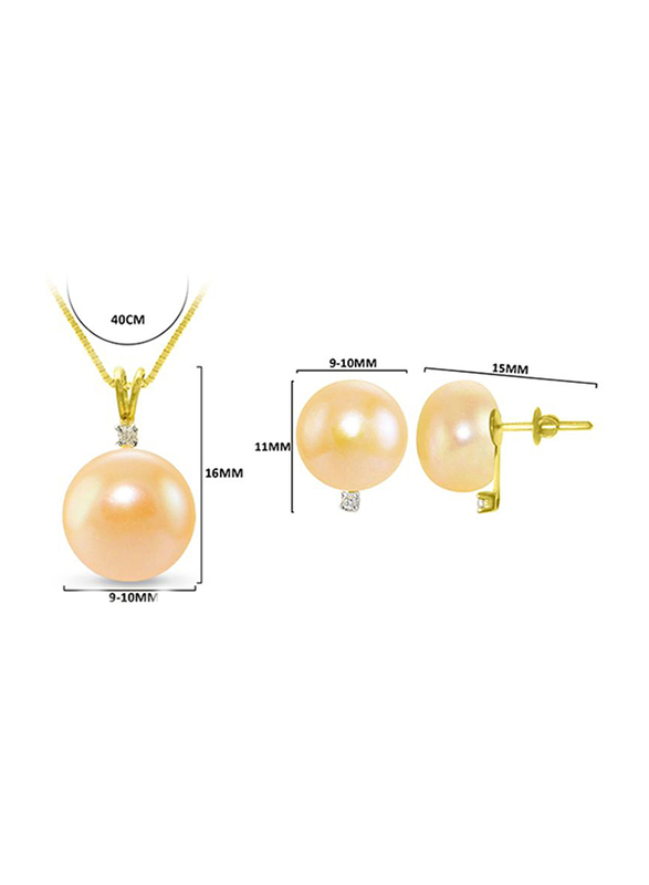 Vera Perla 2-Pieces 18K Gold Pendant Necklace and Earrings Set for Women, with 0.06ct Diamonds and 9-10 mm Pearl Stone, Rose Gold
