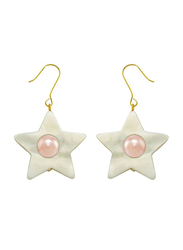 Vera Perla 18K Solid Yellow Gold Simple Dangle Earrings for Women, with Star Shape Mother of Pearl and 6-7mm Pearl Stone, White/Gold/Pink