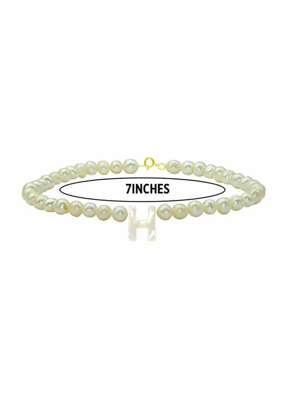 Vera Perla 18K Gold Strand Beaded Bracelet for Women, with Letter H Mother of Pearl and Pearl Stone, White