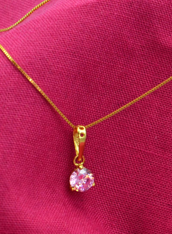 Vera Perla 18K Solid Yellow Gold Necklace for Women, with 9mm Zircon Stone Pendant, Light Pink/Gold