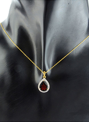 Vera Perla 18K Gold Link Chain Necklace for Women, with 0.12ct Diamonds and Drop Cut Garnet Stone Pendant, Gold/Red