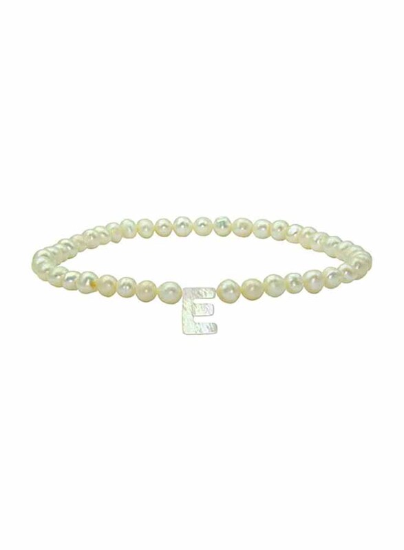 Vera Perla Elastic Stretch Bracelet for Women, with Letter E Mother of Pearl and Pearl Stone, White