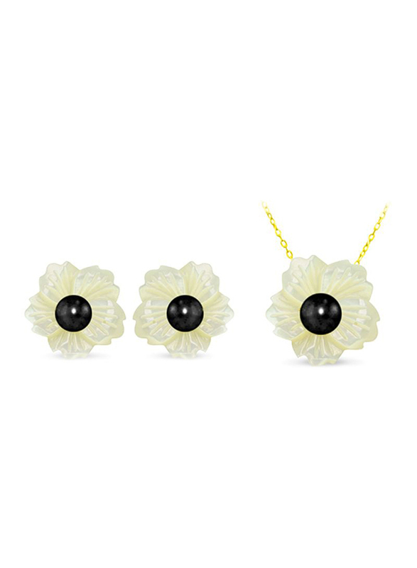Vera Perla 2-Pieces 18K Solid Yellow Gold Pendant Necklace and Earrings Set for Women, with 19mm Flower Shape Mother of Pearl and 6-7mm Pearl, White/Gold/Black