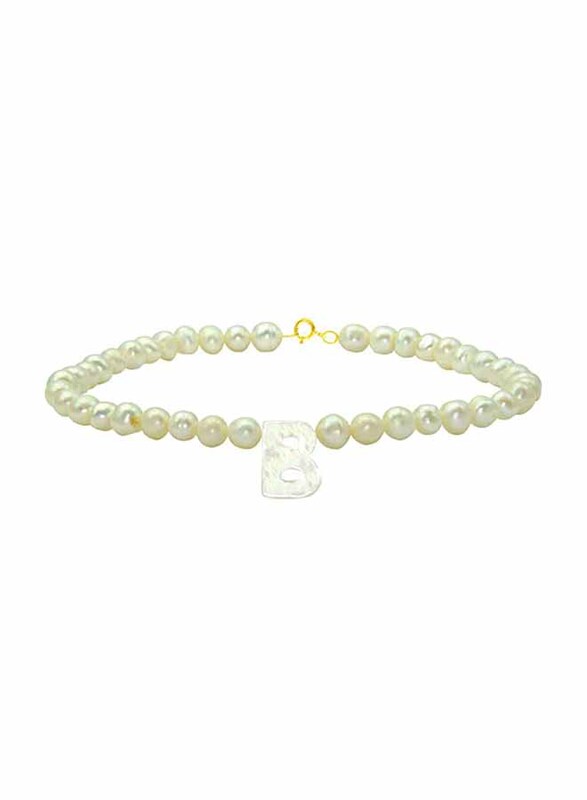 Vera Perla 18K Gold Strand Beaded Bracelet for Women, with Letter B Mother of Pearl and Pearl Stone, White