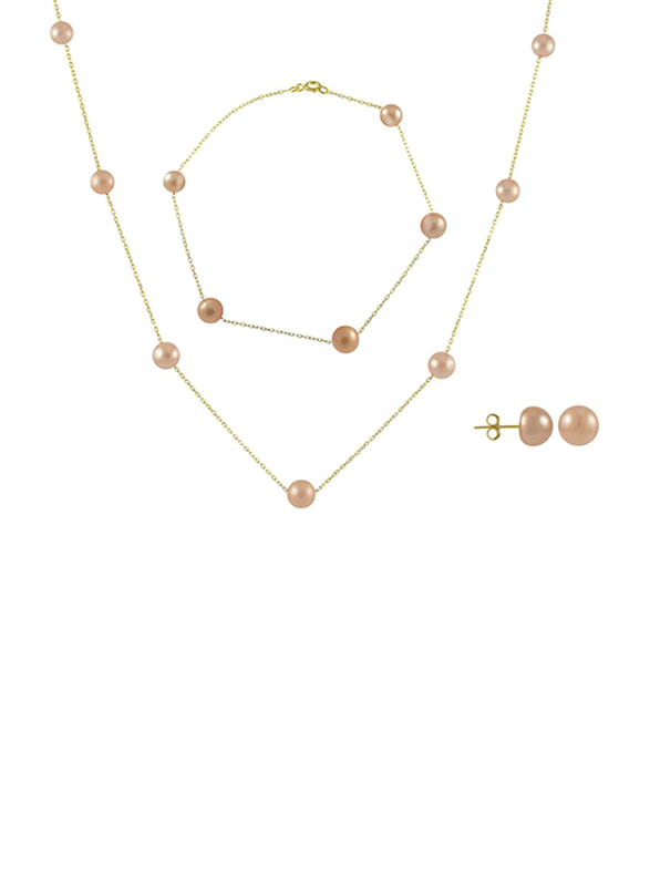Vera Perla 3-Pieces 18K Gold Beaded Necklace for Women, with Bracelet and Earrings, with Pearl Stones, Gold