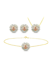 Vera Perla 3-Pieces 18K Solid Yellow Gold Jewellery Set for Women, with Necklace, Bracelet and Earrings, with 13mm Mother of Pearl Flower Shape, with 4 mm Pearl Stones, Gold/Jade/Beige