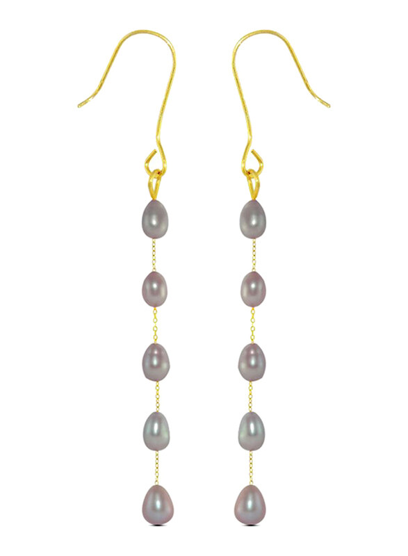 Vera Perla 18K Gold Opera Drop Earrings for Women, with White Pearl Stones, Purple