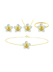 Vera Perla 5-Pieces 18k Solid Yellow Gold Jewellery Set for Women, with 13mm Mother of Pearl Flower Shape and 7mm Pearl, White/Yellow
