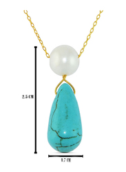 Vera Perla 10K Gold Necklace for Women, with Pearl and Turquoise Stone Pendant, Blue/White