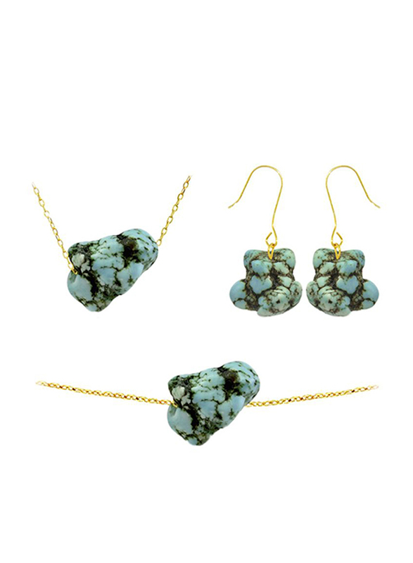 Vera Perla 3-Pieces 18K Gold Jewellery Set for Women, with Necklace, Earrings and Bracelet, with Turquoise Nugget Stone, Gold