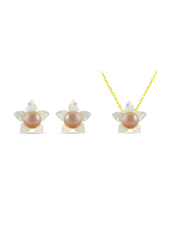 Vera Perla 3-Pieces 18k Solid Yellow Gold Jewellery Set for Women, with Necklace, Bracelet and Earrings, with Mother of Pearl Flower Shape and 4mm Pearl, White/Rose Gold