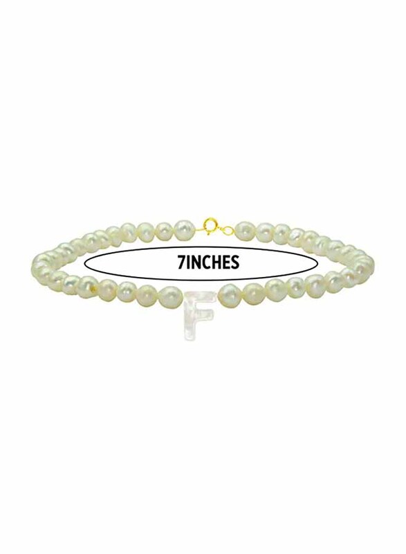 Vera Perla 10K Gold Strand Beaded Bracelet for Women, with Letter F Mother of Pearl and Pearl Stone, White