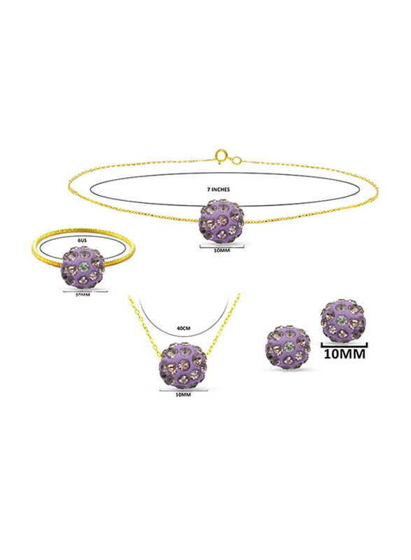 Vera Perla 4-Pieces 18K Solid Yellow Gold Simple Pendant Necklace for Women, with Earrings, Bracelet and Ring, with 10 mm Crystal Ball, Purple/Gold