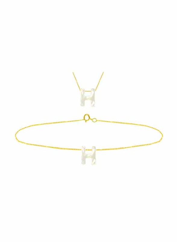 Vera Perla 2-Pieces 18k Yellow Gold H Letter Jewellery Set for Women, with Necklace and Earrings, with Mother of Pearl Stone, Gold/White