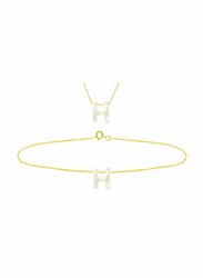 Vera Perla 2-Pieces 18k Yellow Gold H Letter Jewellery Set for Women, with Necklace and Earrings, with Mother of Pearl Stone, Gold/White
