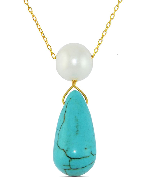 Vera Perla 18K Gold Pendant Necklace for Women, with Pearl and Turquoise Stone, Gold/Blue/White