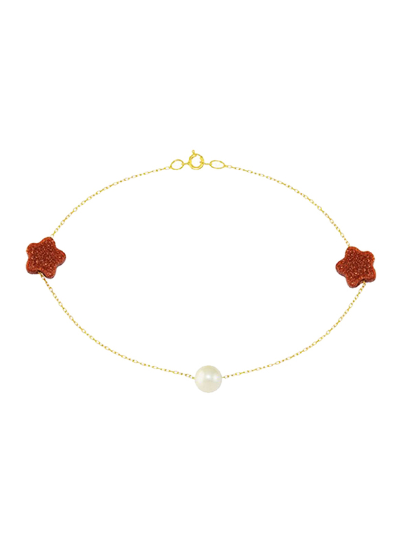 Vera Perla 18K Gold Chain Bracelet for Women, with Star Sunstones and Pearl stone, Red/Gold/White