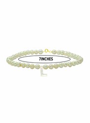 Vera Perla 18K Gold Strand Beaded Bracelet for Women, with Letter L Mother of Pearl and Pearl Stone, White