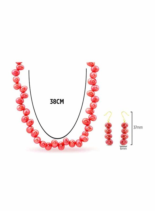 Vera Perla 2-Pieces 18K Gold Strand Jewellery Set for Women, with Necklace and Earrings, with Pearl Stones, Red