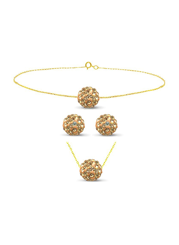 Vera Perla 3-Pieces 18K Solid Yellow Gold Simple Pendant Necklace for Women, with Earrings and Bracelet, with 10 mm Crystal Ball, Peach/Gold