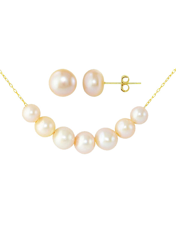 Vera Perla 2-Pieces 10K Gold Necklace Set for Women, with Earrings, Pearls Stone, Gold/Peach