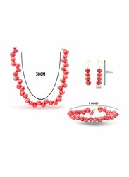 Vera Perla 3-Pieces 10K Gold Strand Jewellery Set for Women, with Necklace, Bracelet and Earrings, with Pearl Stones, Red