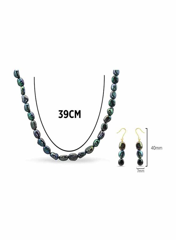 Vera Perla 2-Pieces 18K Gold Strand Jewellery Set for Women, with Necklace and Earrings, with Pearl Stones, Blue